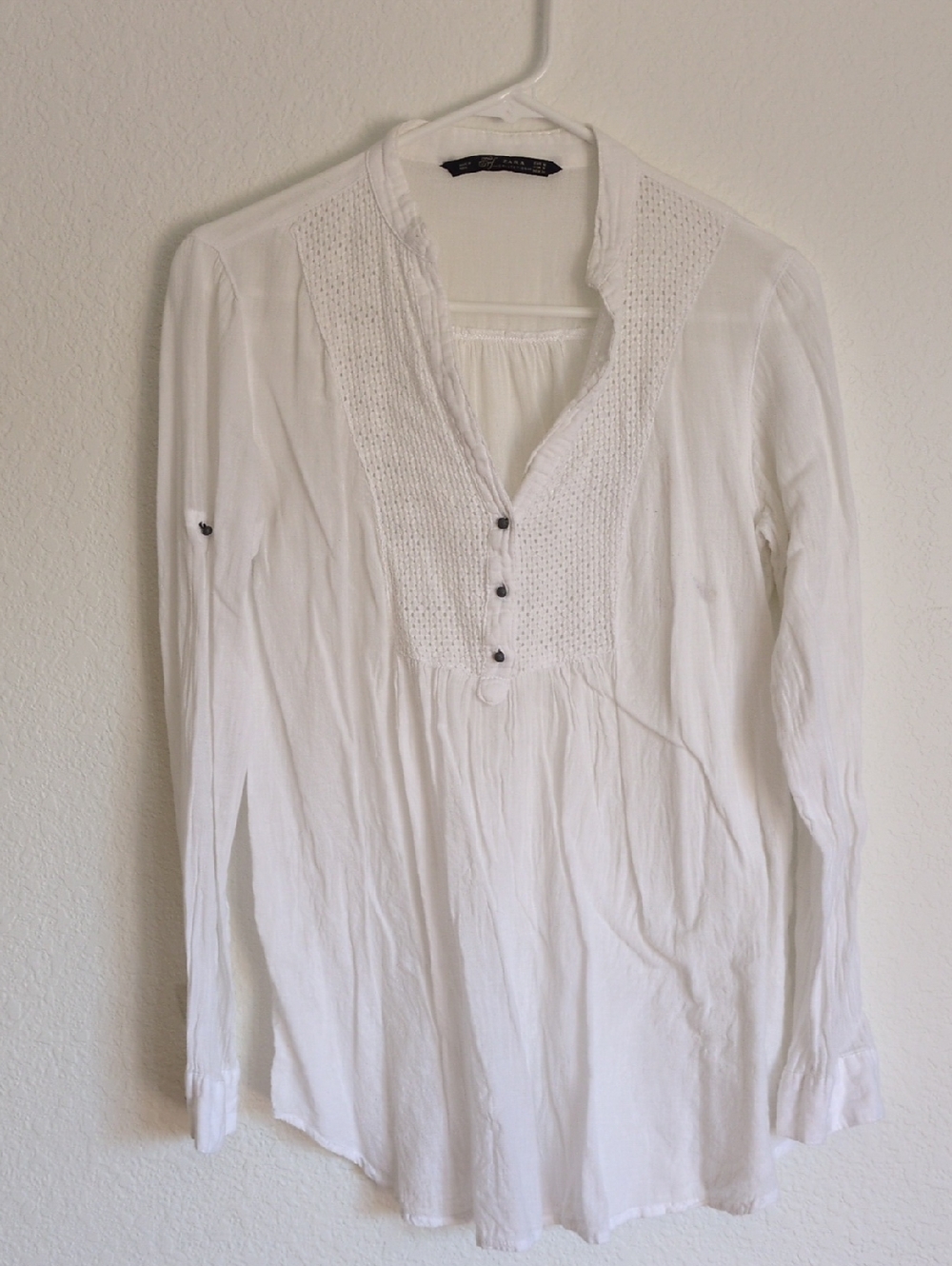 Zara White Long-Sleeve Smocked V-Neck Tunic